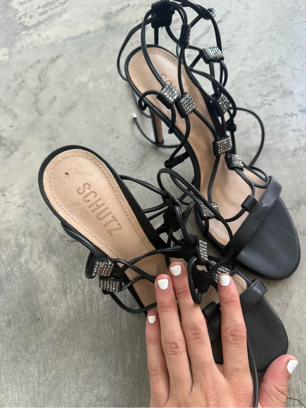 SCHUTZ Black Rhinestone Lace-Up Stiletto Sandals